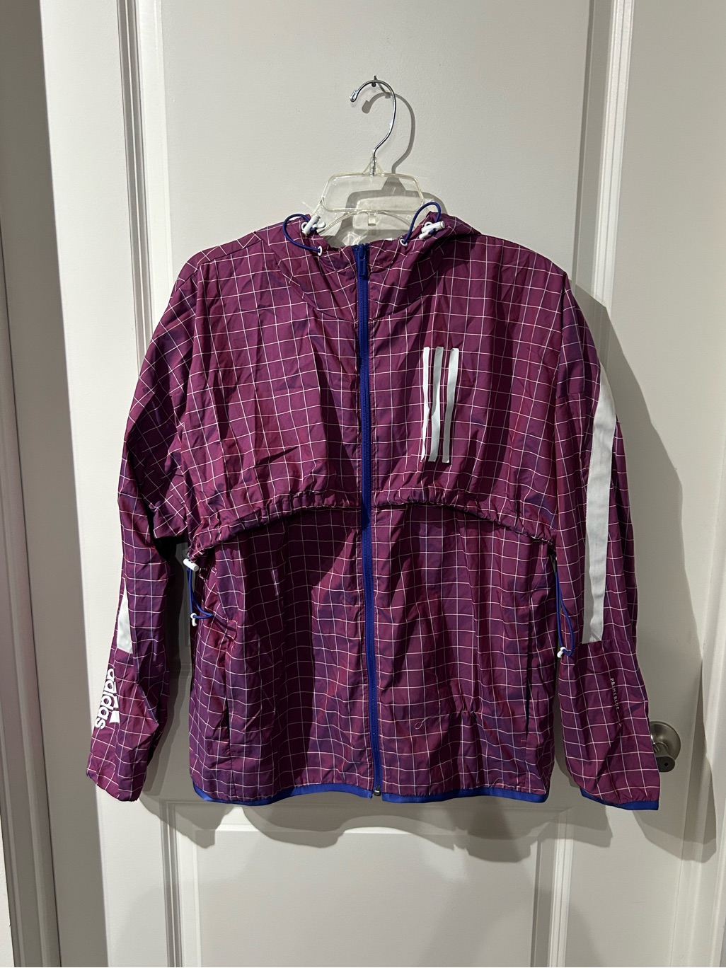 Adidas Purple Plaid Hooded Windbreaker With White Stripe Detail